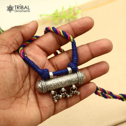 Sterling silver chitai work drop dangle amulet style thread necklace from TRIBAL ORNAMENTS, traditional jewelry set.
