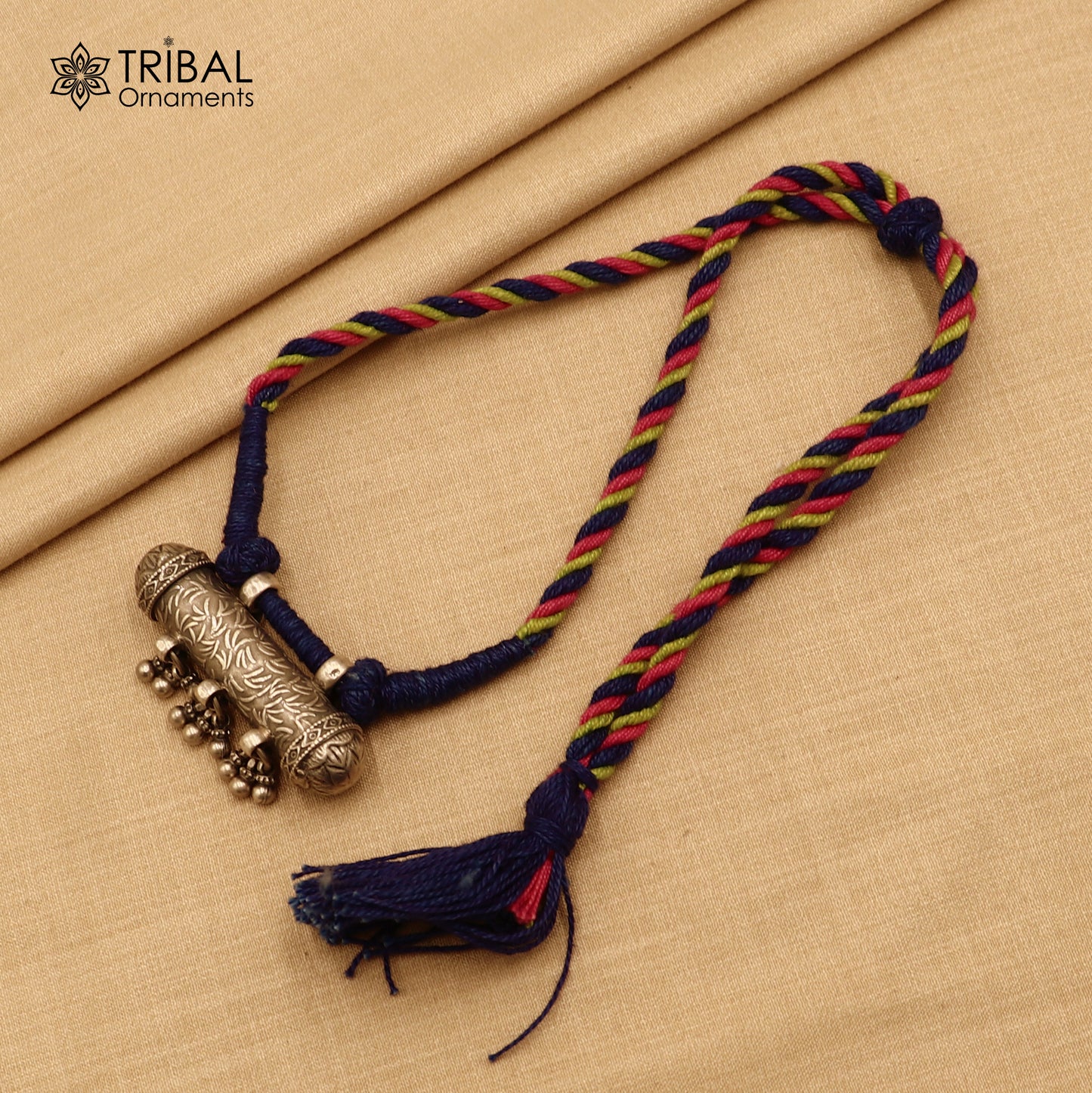 925 sterling silver chitai work drop dangle amulet style thread (dori) necklace traditional jewelry set792 - TRIBAL ORNAMENTS