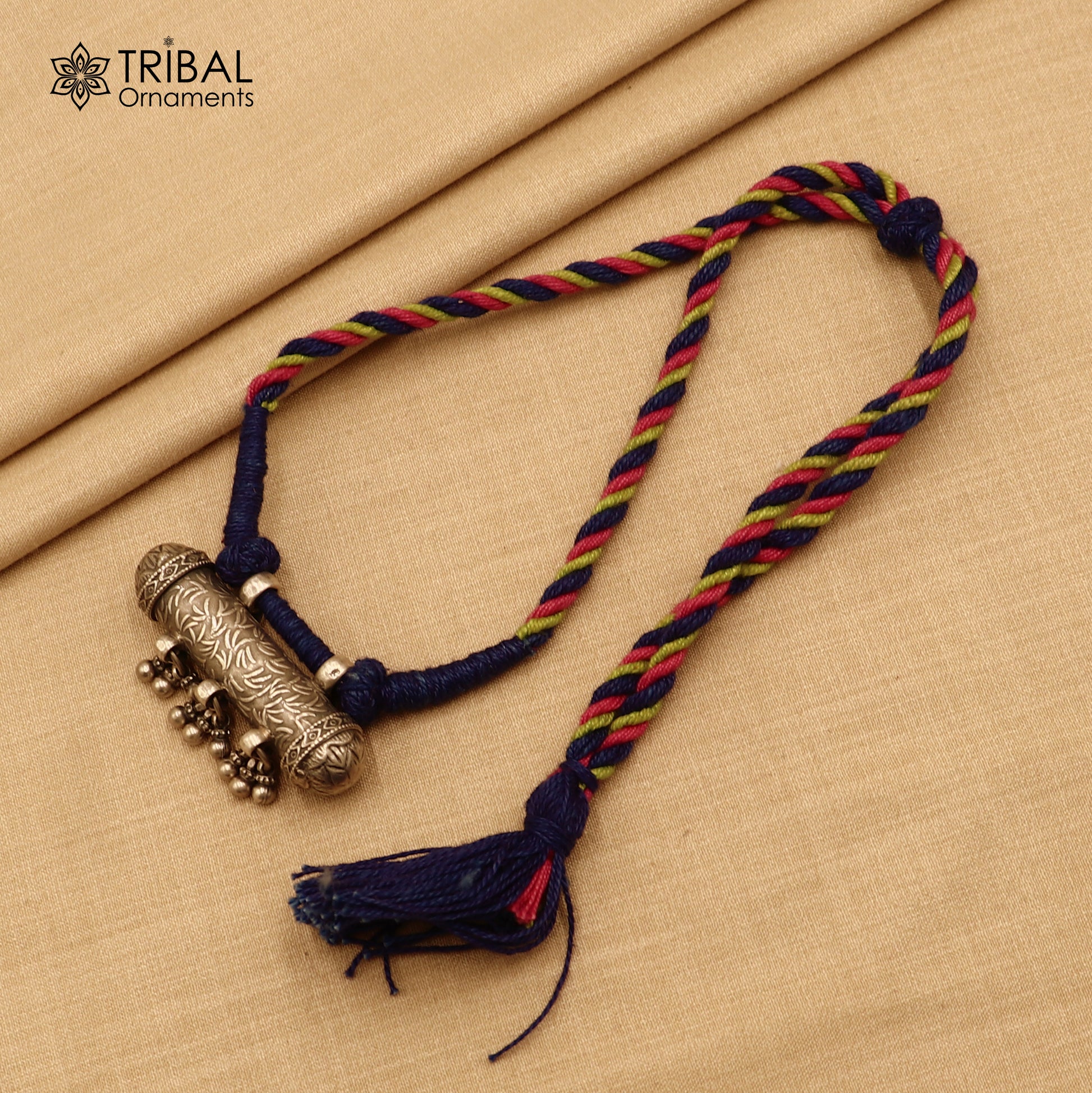 925 sterling silver chitai work drop dangle amulet style thread (dori) necklace traditional jewelry set792 - TRIBAL ORNAMENTS