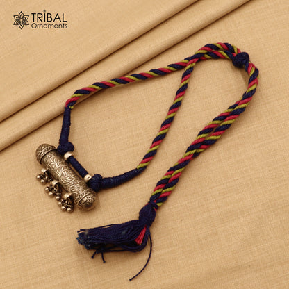 Sterling silver chitai work drop dangle amulet style thread necklace with traditional jewelry design by TRIBAL ORNAMENTS.