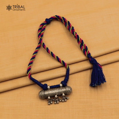 925 sterling silver chitai work drop dangle amulet style thread necklace with traditional jewelry set by TRIBAL ORNAMENTS