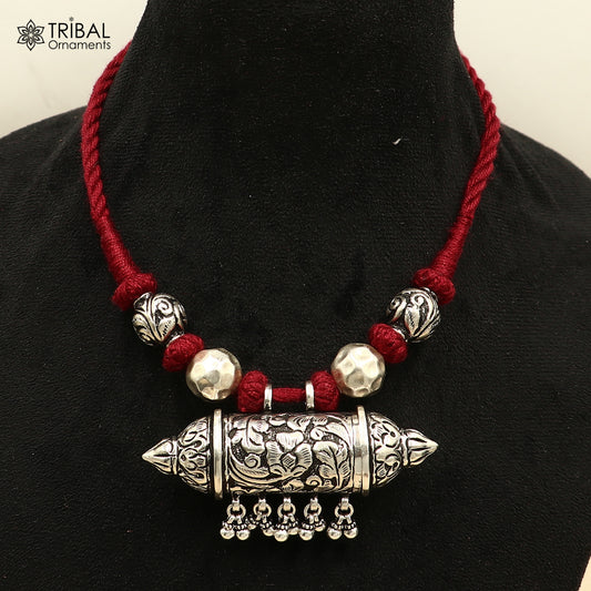 925 sterling silver chitai work drop dangle bells amulet style thread (dori) banjara necklace set791 - TRIBAL ORNAMENTS