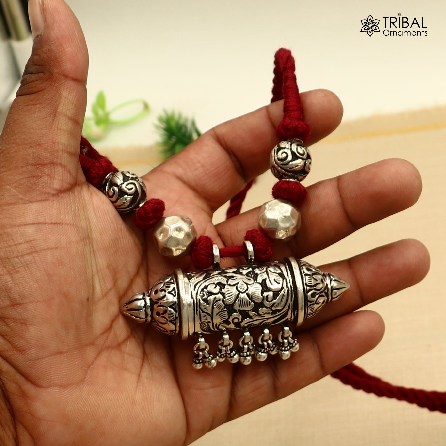 925 sterling silver chitai work drop dangle bells amulet style thread (dori) banjara necklace set791 - TRIBAL ORNAMENTS