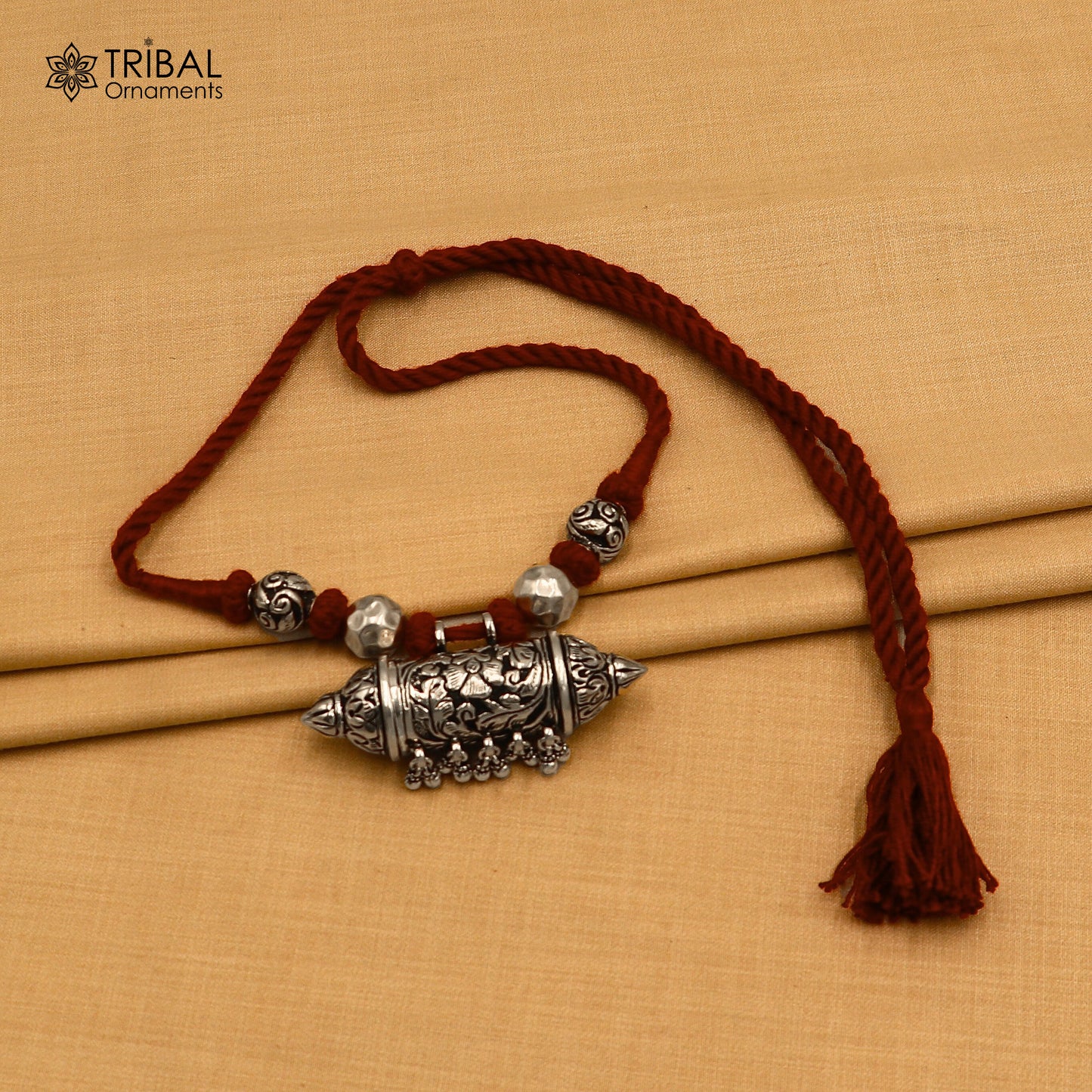 925 sterling silver chitai work drop dangle bells amulet style thread (dori) banjara necklace set791 - TRIBAL ORNAMENTS