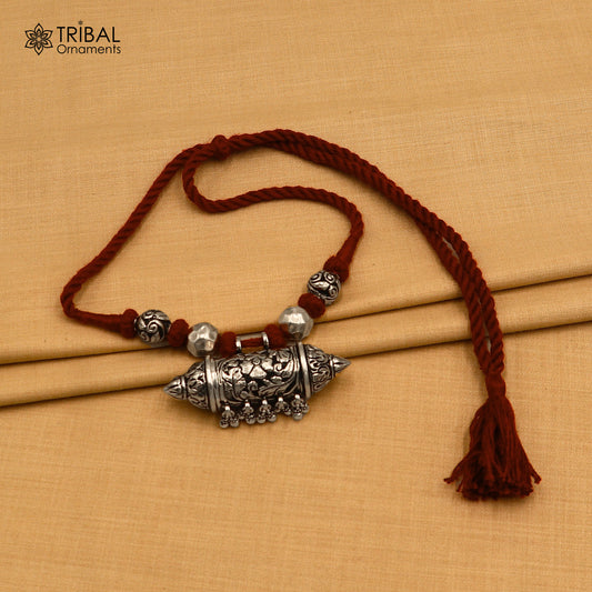 925 sterling silver chitai work drop dangle bells amulet style thread (dori) banjara necklace set791 - TRIBAL ORNAMENTS