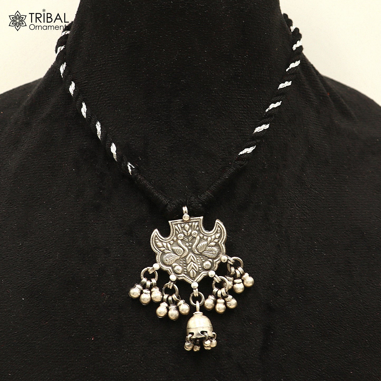 925 sterling silver chitai work drop dangle bells peacock design black thread (dori) ethnic necklace set788 - TRIBAL ORNAMENTS