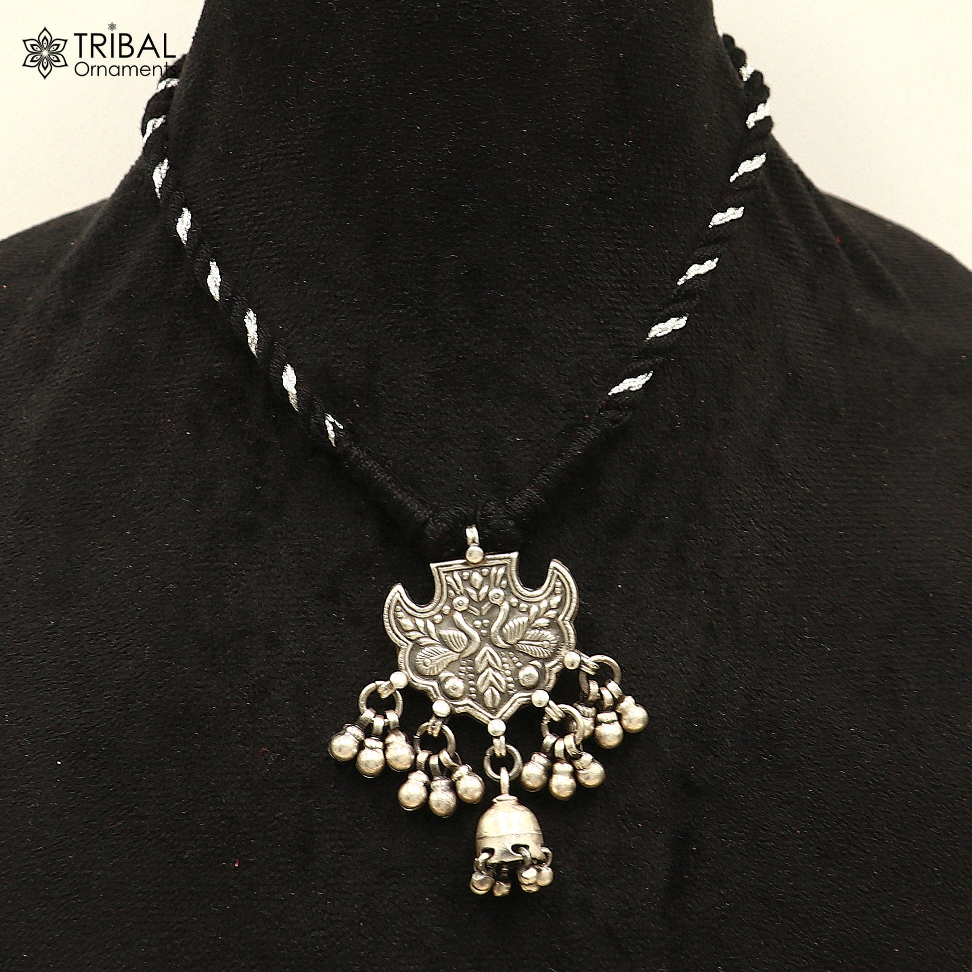 925 sterling silver chitai work drop dangle bells peacock design black thread (dori) ethnic necklace set788 - TRIBAL ORNAMENTS