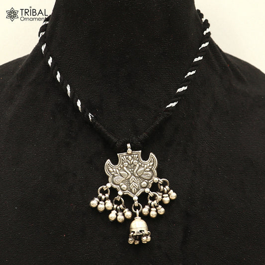 925 sterling silver chitai work drop dangle bells peacock design black thread (dori) ethnic necklace set788 - TRIBAL ORNAMENTS