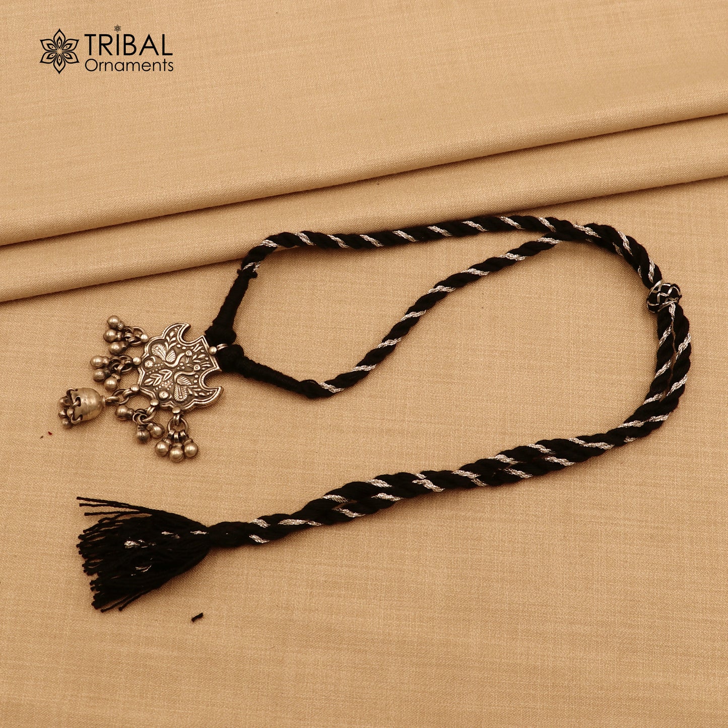 925 sterling silver chitai work drop dangle bells peacock design black thread (dori) ethnic necklace set788 - TRIBAL ORNAMENTS