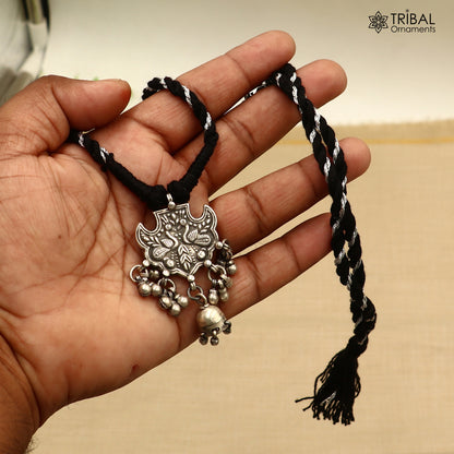 925 sterling silver chitai work drop dangle bells peacock design black thread (dori) ethnic necklace set788 - TRIBAL ORNAMENTS
