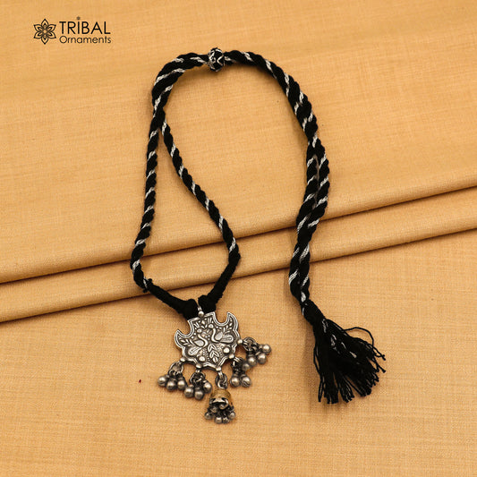 925 sterling silver chitai work drop dangle bells peacock design black thread (dori) ethnic necklace set788 - TRIBAL ORNAMENTS