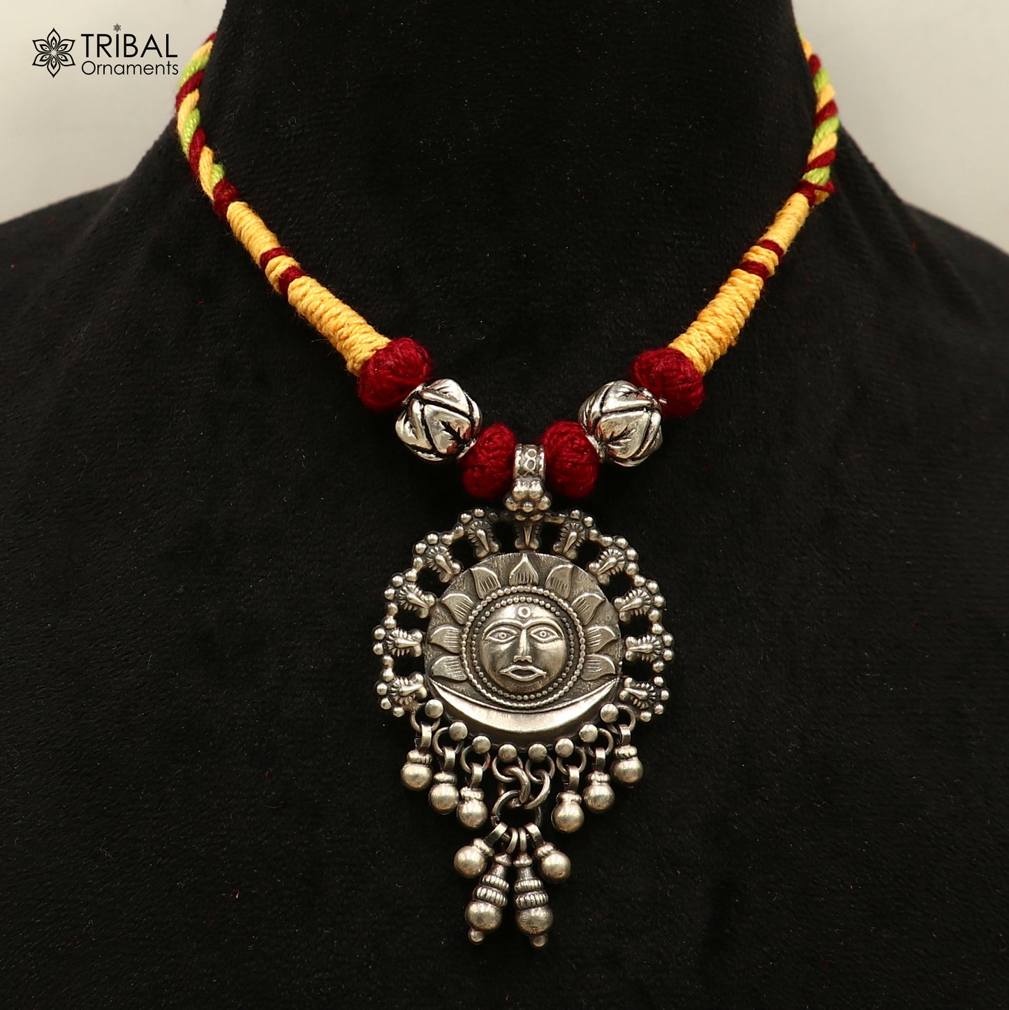 925 sterling silver chitai work drop dangling bells sun thread (dori) necklace traditional jewelry set787 - TRIBAL ORNAMENTS