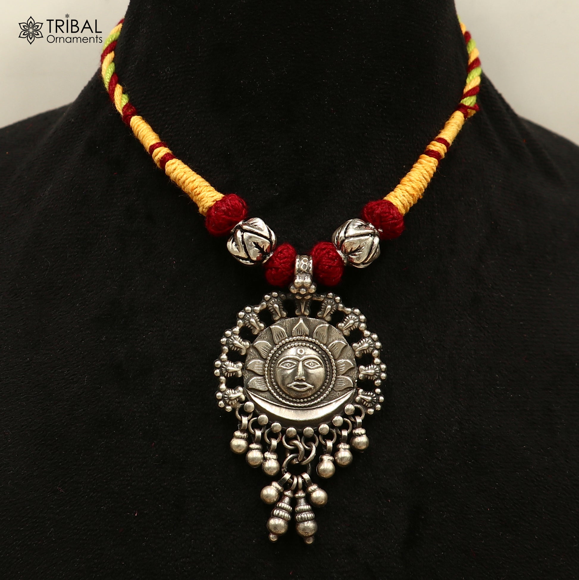 925 sterling silver chitai work drop dangling bells sun thread (dori) necklace traditional jewelry set787 - TRIBAL ORNAMENTS
