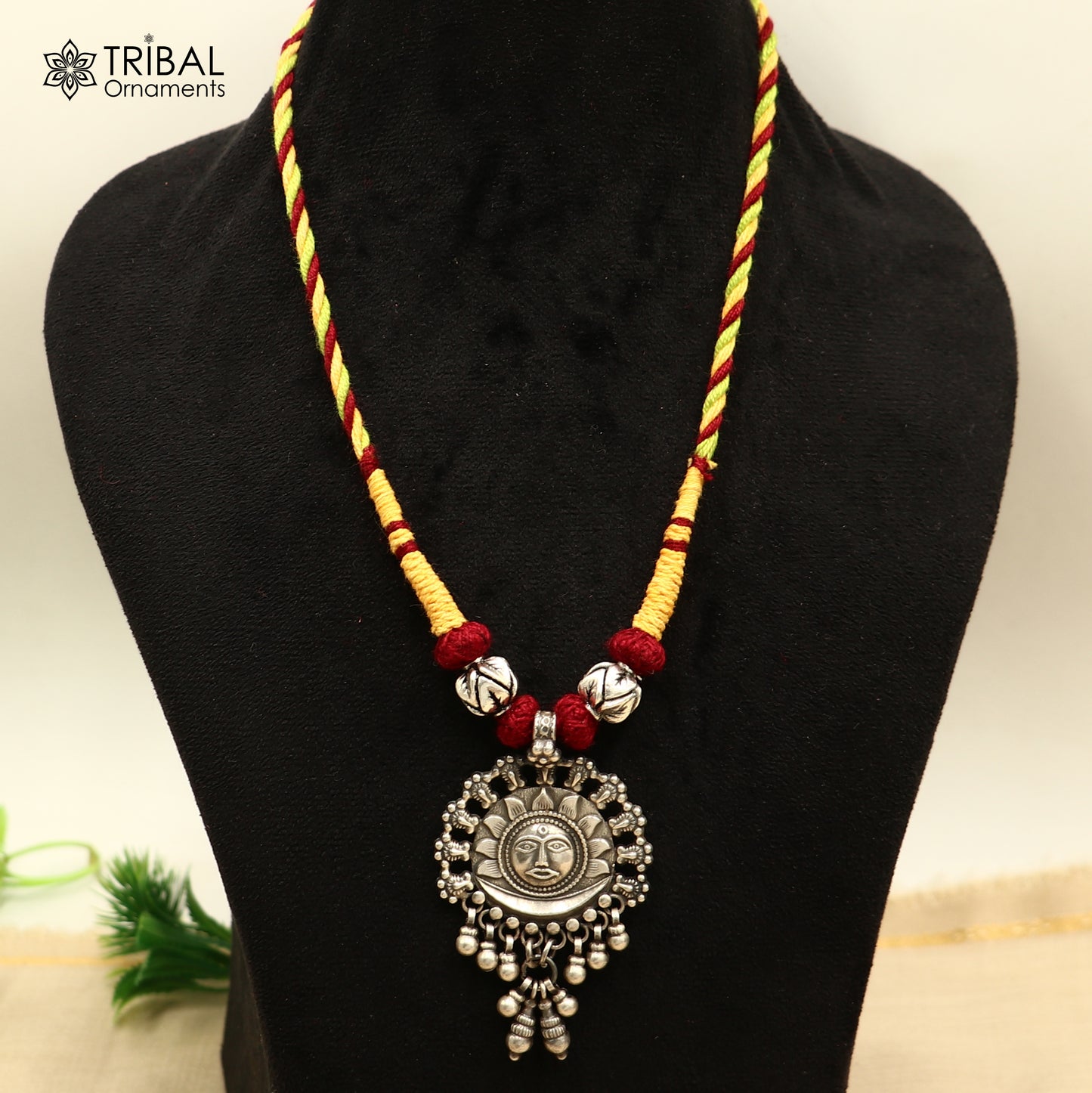 925 sterling silver chitai work drop dangling bells sun thread (dori) necklace traditional jewelry set787 - TRIBAL ORNAMENTS