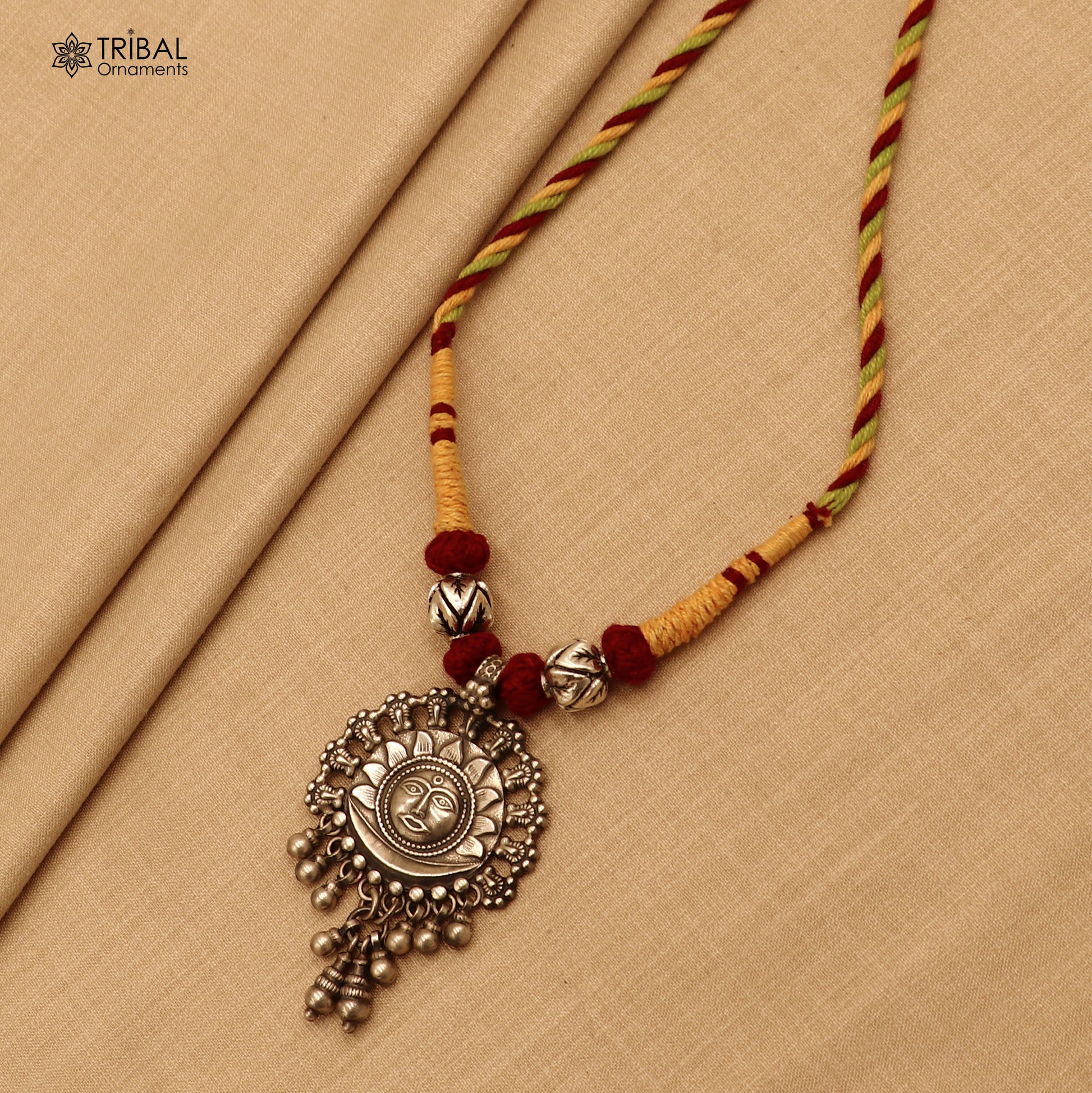 925 sterling silver chitai work drop dangling bells sun thread (dori) necklace traditional jewelry set787 - TRIBAL ORNAMENTS