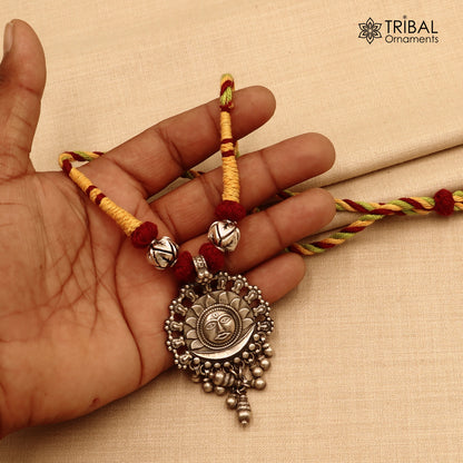 925 sterling silver chitai work drop dangling bells sun thread (dori) necklace traditional jewelry set787 - TRIBAL ORNAMENTS