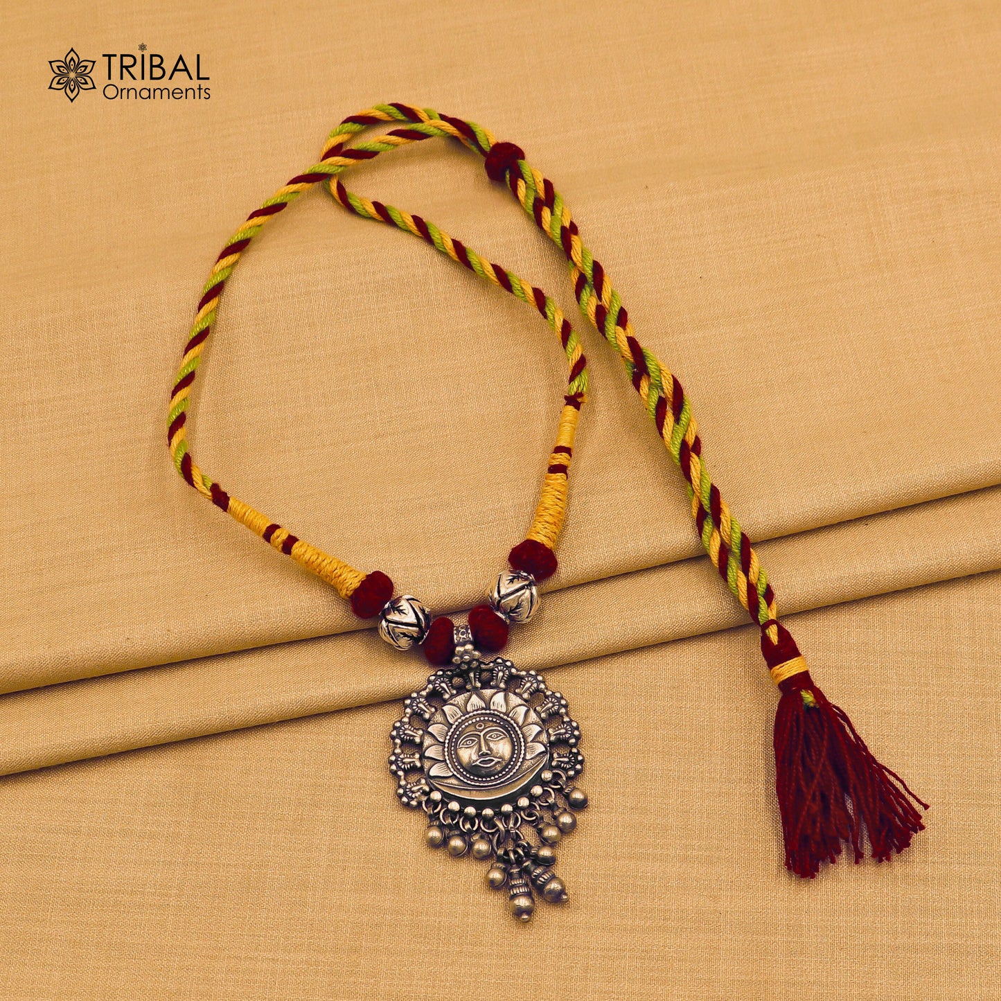 925 sterling silver chitai work drop dangling bells sun thread (dori) necklace traditional jewelry set787 - TRIBAL ORNAMENTS