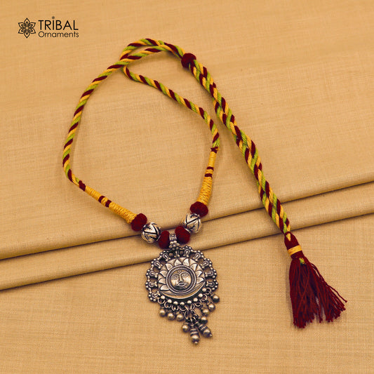 925 sterling silver chitai work drop dangling bells sun thread (dori) necklace traditional jewelry set787 - TRIBAL ORNAMENTS