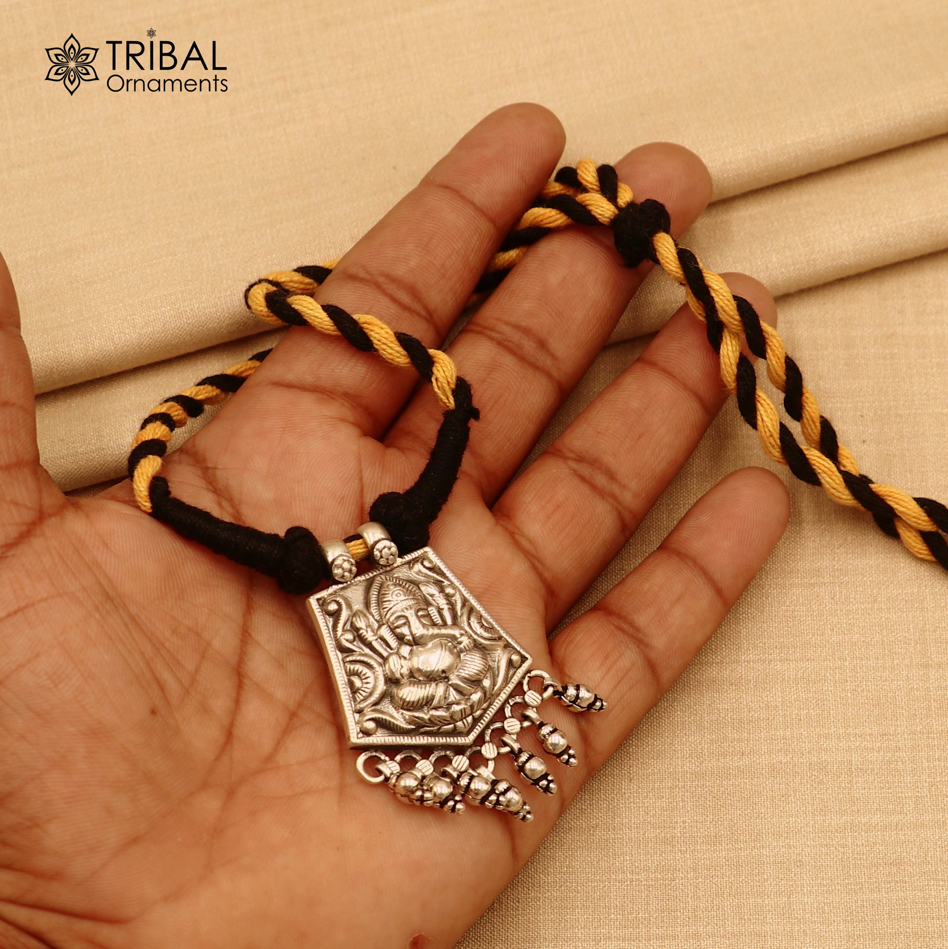 925 sterling silver chitai work ganesha  thread (dori) necklace traditional jewelry set786 - TRIBAL ORNAMENTS