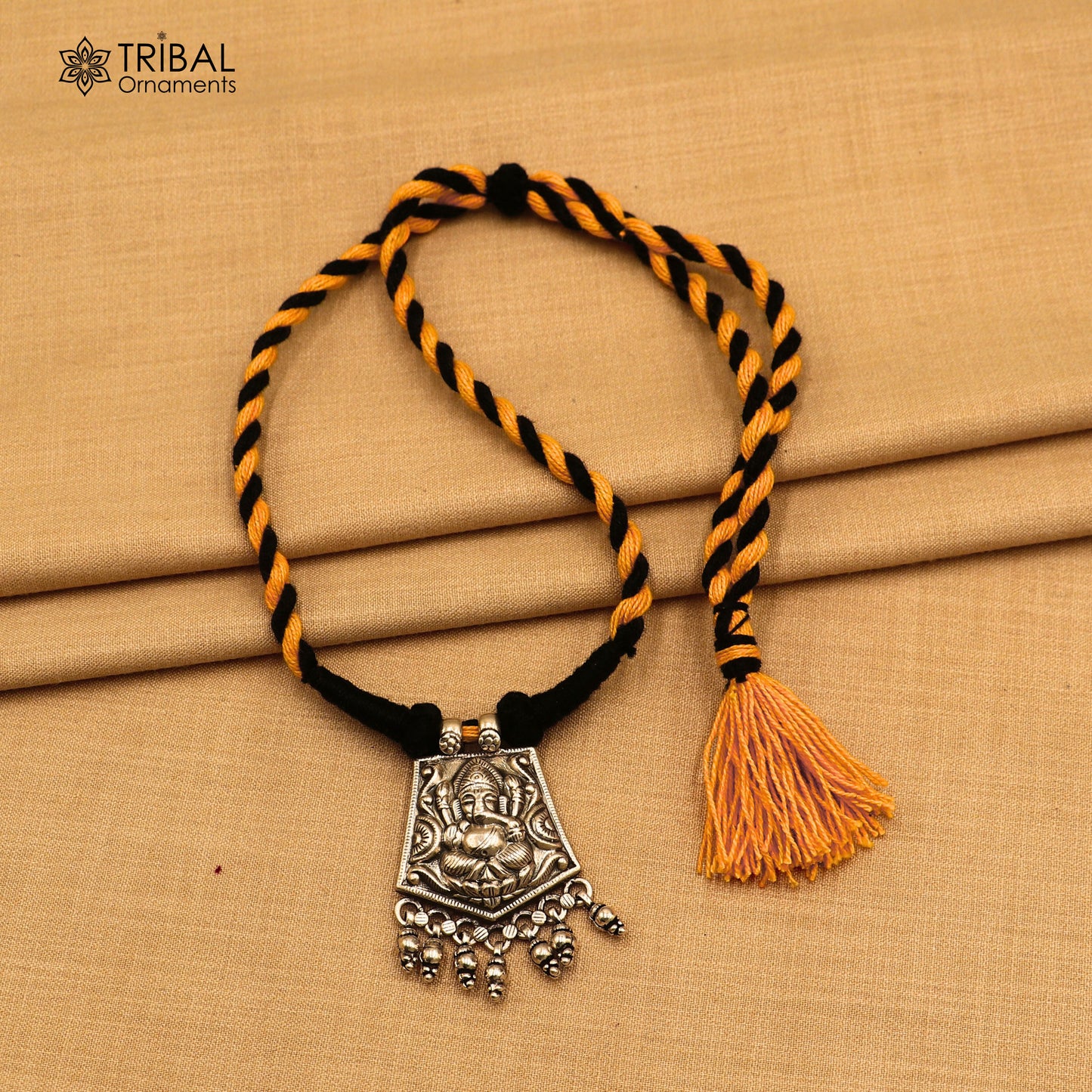 925 sterling silver chitai work ganesha  thread (dori) necklace traditional jewelry set786 - TRIBAL ORNAMENTS