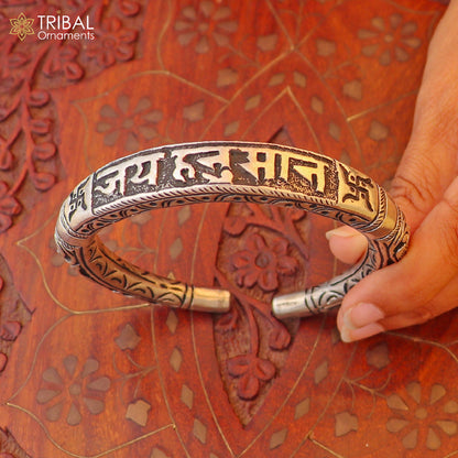 925 Sterling silver Jai Hanuman cuff kada with chitai work, tribal unisex ethnic jewelry featuring divine Hindu design.