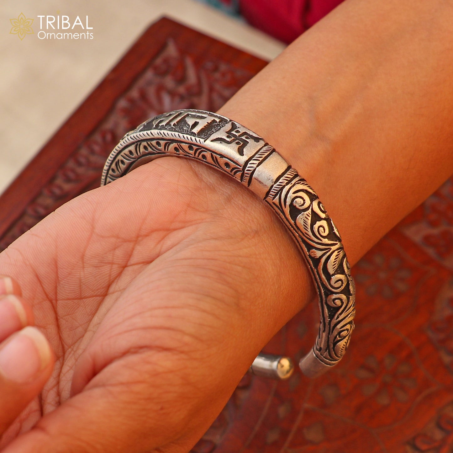 925 Sterling silver chitai work jai hanuman cuff kada divine unisex tribal ethnic jewelry nsk964 - TRIBAL ORNAMENTS