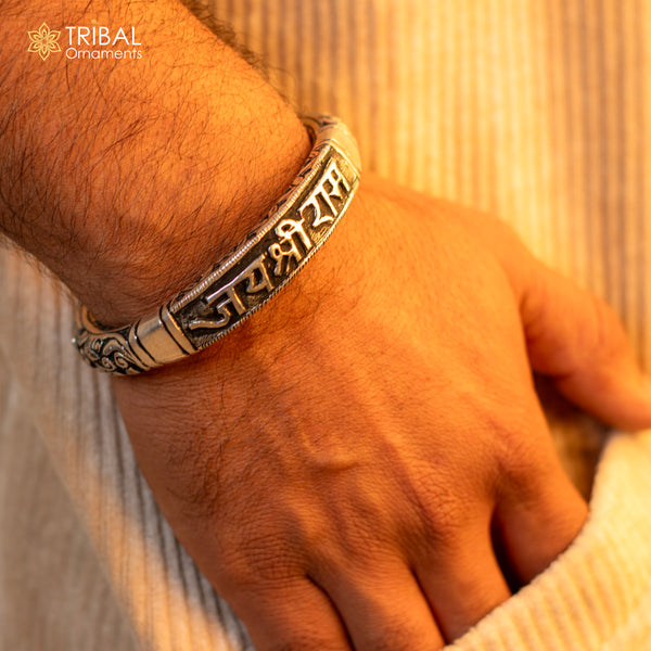 925 Sterling silver Jai Shree Ram Rama mantra bracelet kada featuring chitai work, unisex tribal ethnic jewelry from Tribal Ornaments.