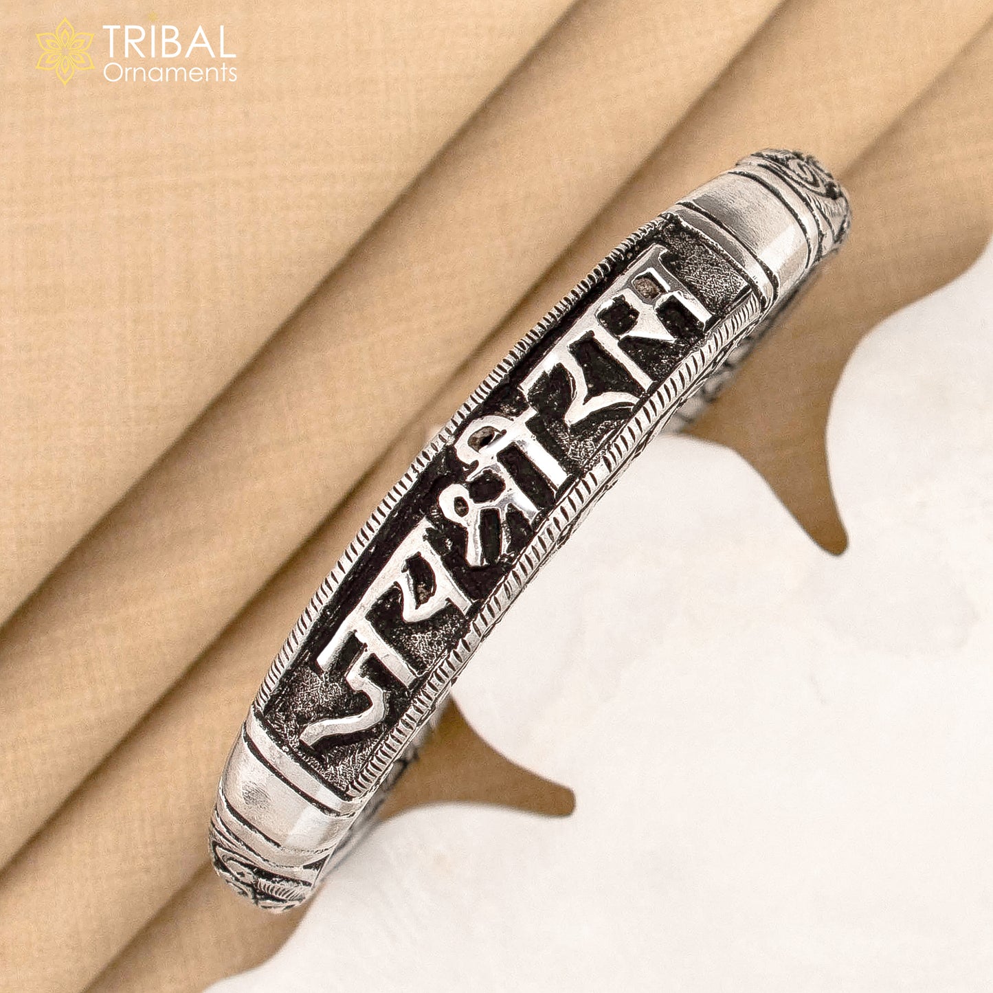 925 Sterling silver chitai work "jai shree ram" rama mantra bracelet kada unisex tribal ethnic jewelry nsk584 - TRIBAL ORNAMENTS