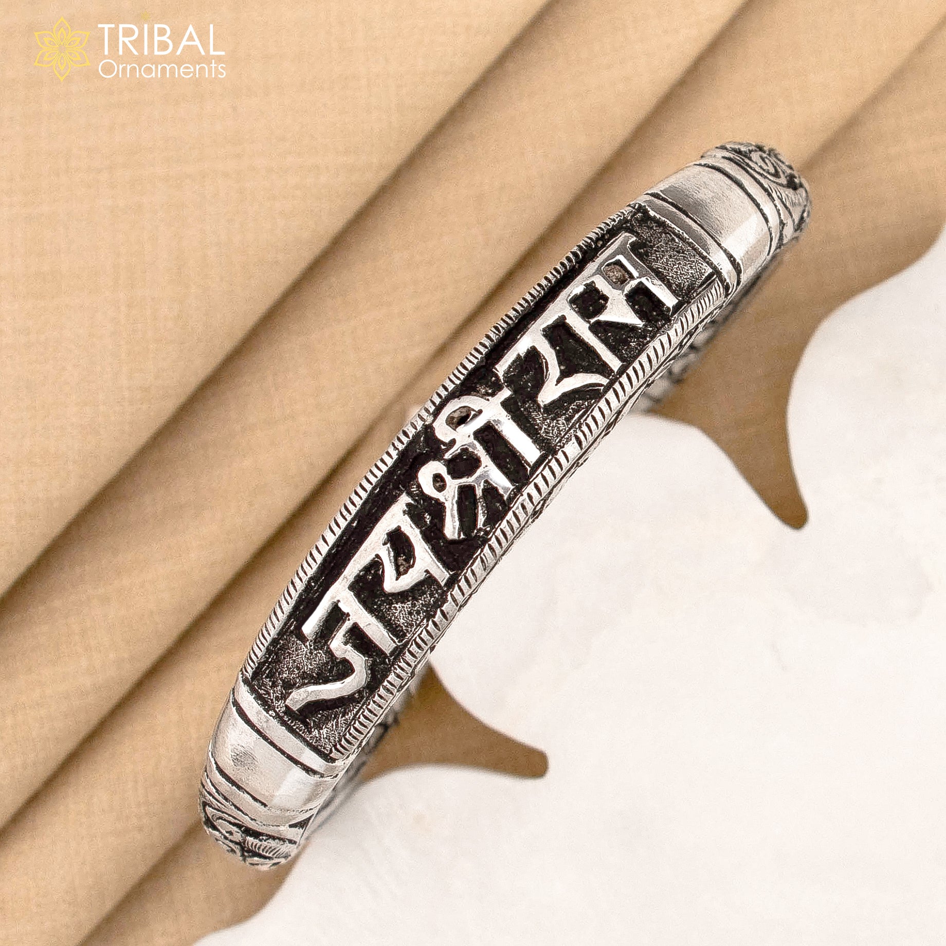 925 Sterling silver chitai work "jai shree ram" rama mantra bracelet kada unisex tribal ethnic jewelry nsk584 - TRIBAL ORNAMENTS