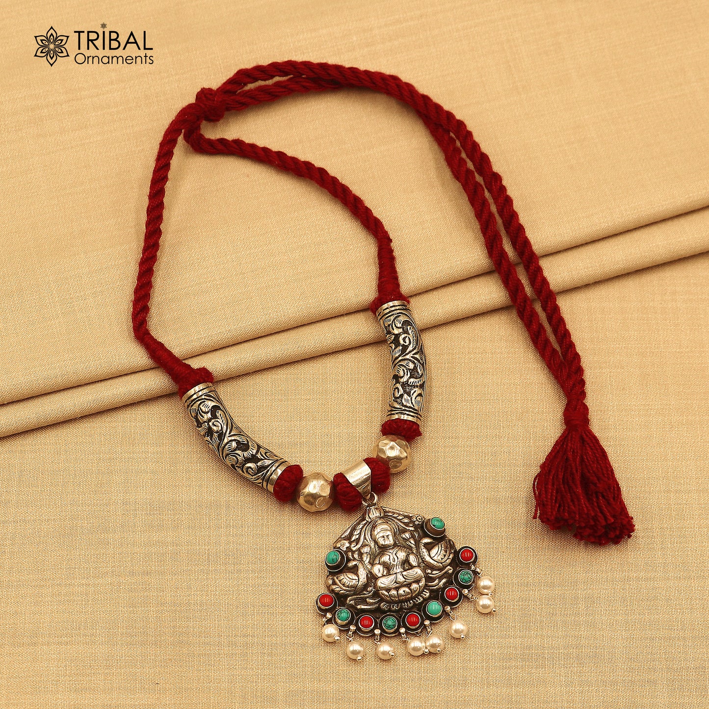 925 sterling silver chitai work Laxmi ji red thread (dori) banjara necklace set783 - TRIBAL ORNAMENTS