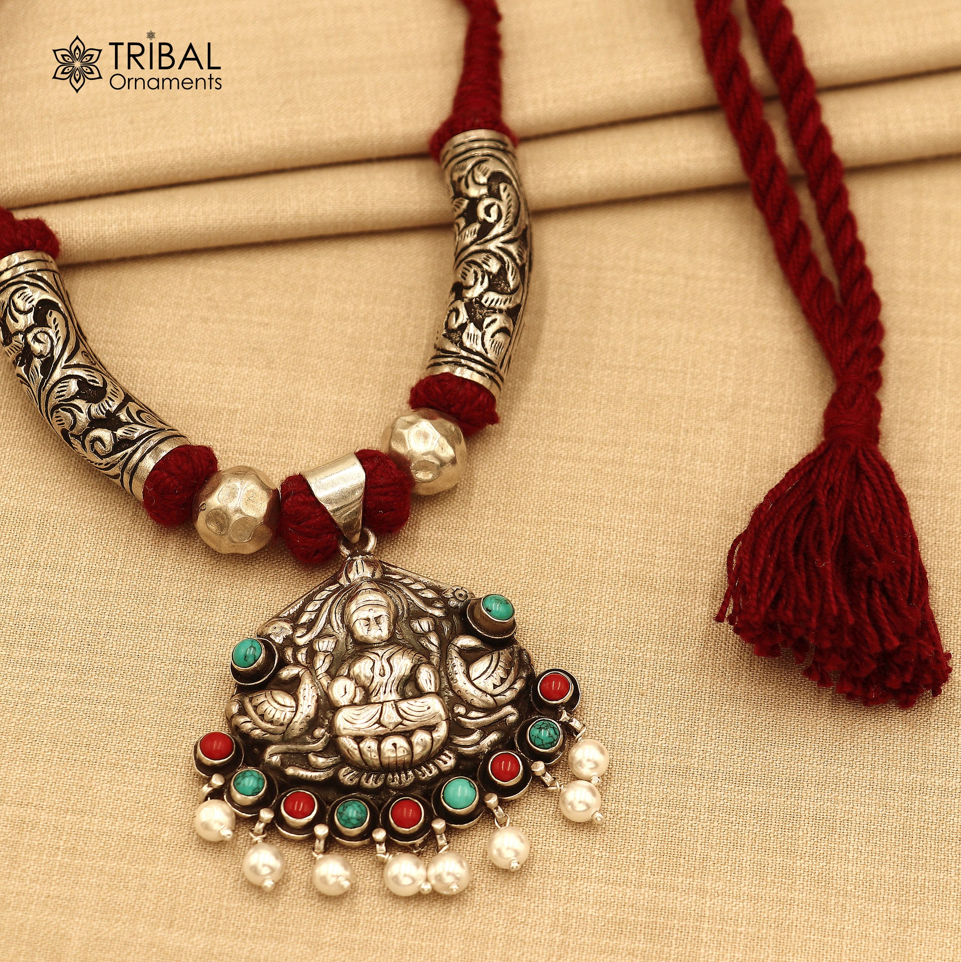 925 sterling silver chitai work Laxmi ji red thread (dori) banjara necklace set783 - TRIBAL ORNAMENTS