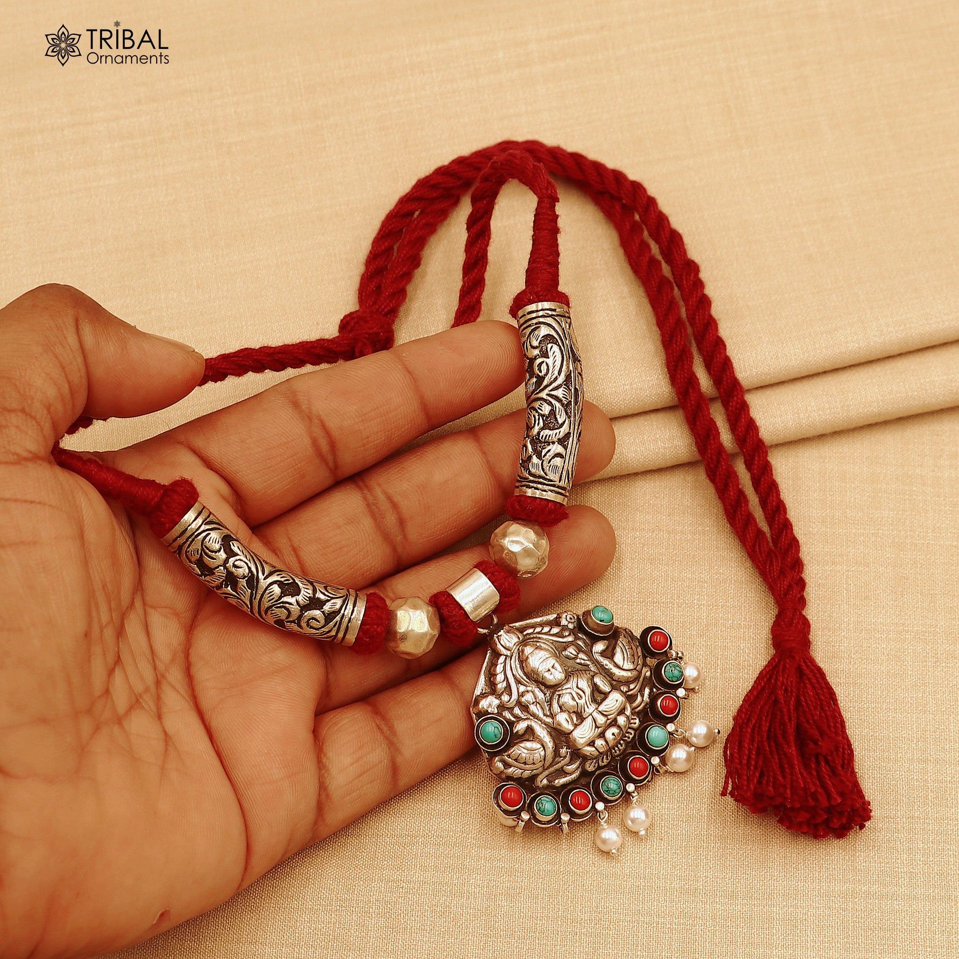 925 sterling silver chitai work Laxmi ji red thread (dori) banjara necklace set783 - TRIBAL ORNAMENTS