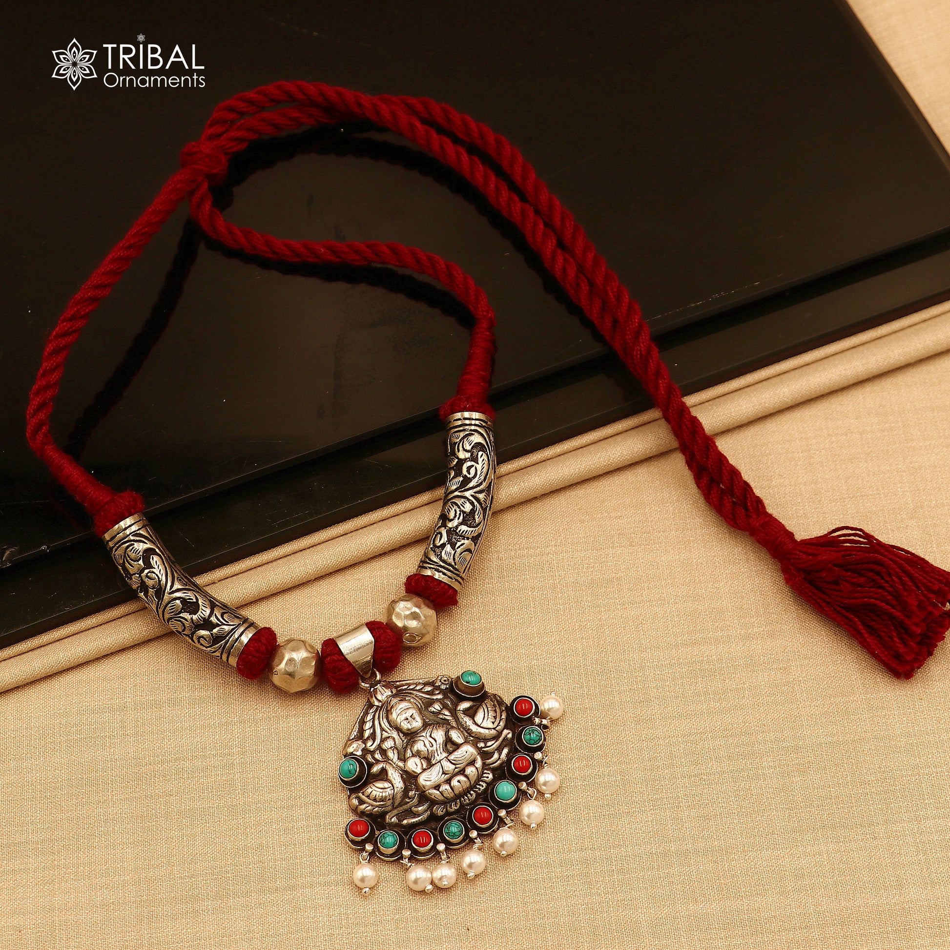 925 sterling silver chitai work Laxmi ji red thread (dori) banjara necklace set783 - TRIBAL ORNAMENTS