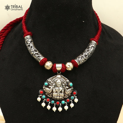 925 sterling silver chitai work Laxmi ji red thread (dori) banjara necklace set783 - TRIBAL ORNAMENTS