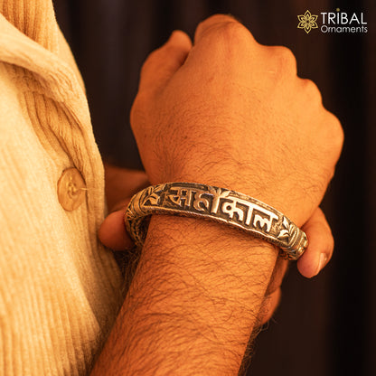 925 Sterling silver tribal bracelet featuring Chitai work and Mahakal Shiva mantra design, unisex ethnic jewelry by Tribal Ornaments.