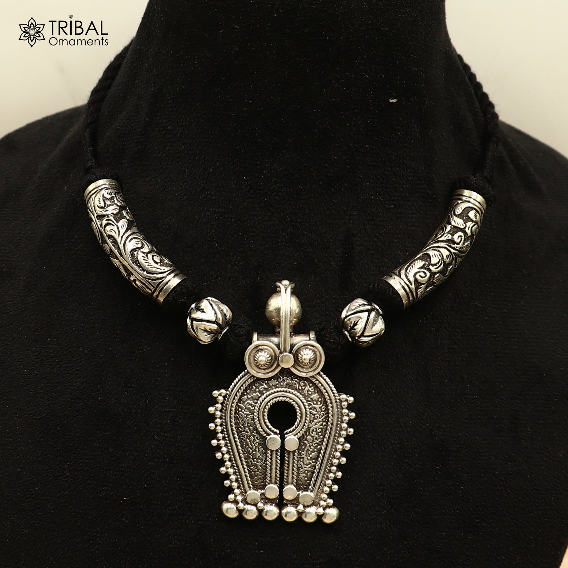 925 sterling silver chitai work natyam style black thread (dori) necklace traditional jewelry set784 - TRIBAL ORNAMENTS