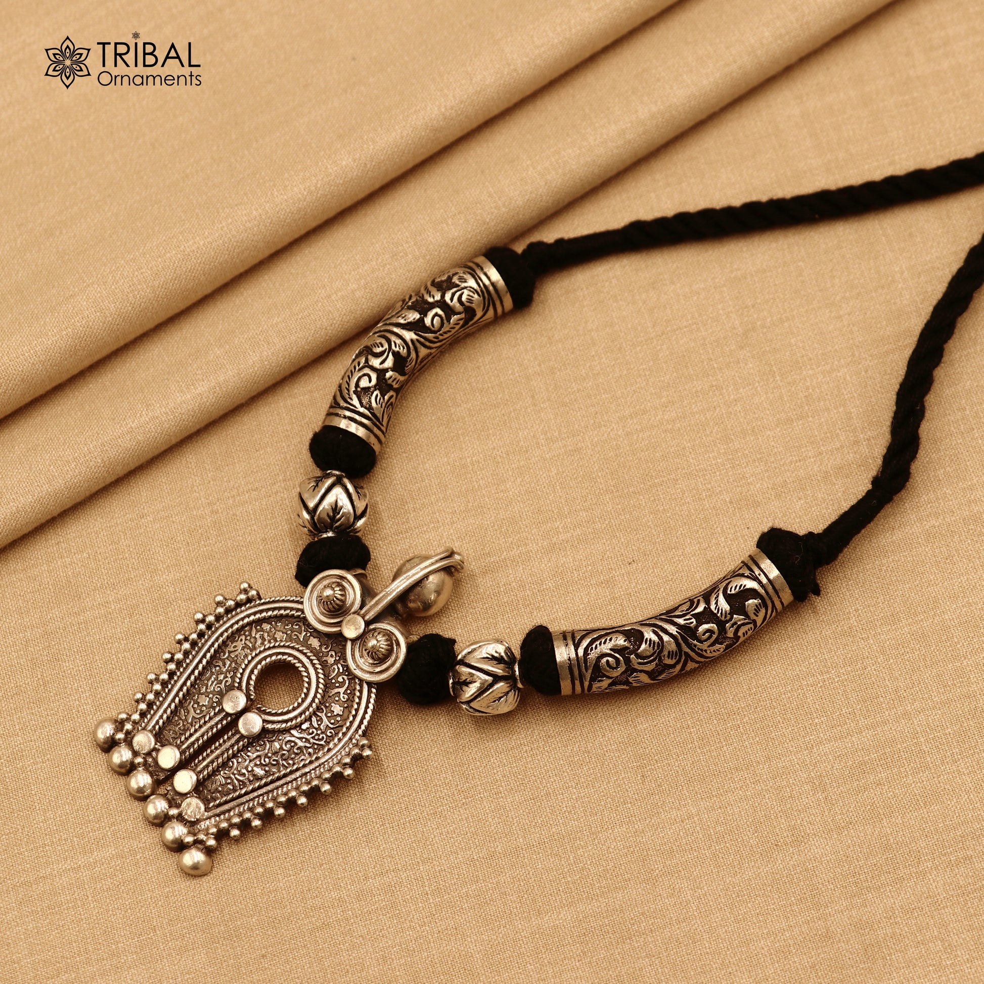 925 sterling silver chitai work natyam style black thread (dori) necklace traditional jewelry set784 - TRIBAL ORNAMENTS