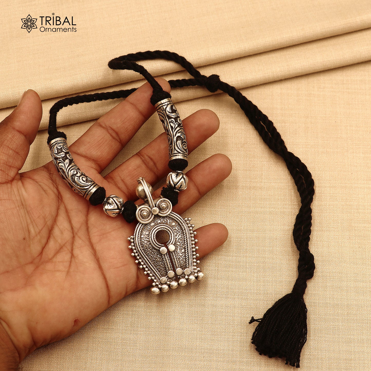 925 sterling silver chitai work natyam style black thread (dori) necklace traditional jewelry set784 - TRIBAL ORNAMENTS