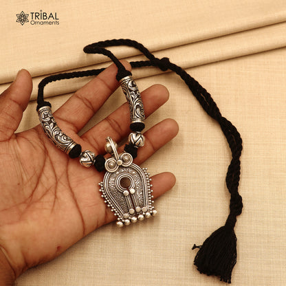 925 sterling silver chitai work natyam style black thread (dori) necklace traditional jewelry set784 - TRIBAL ORNAMENTS