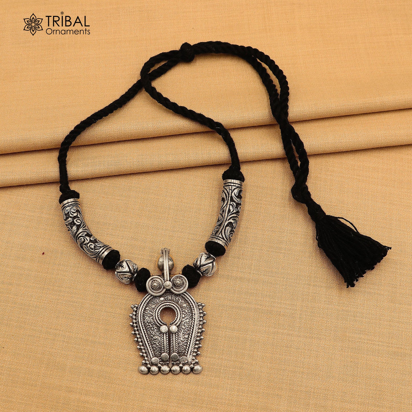 925 sterling silver chitai work natyam style black thread (dori) necklace traditional jewelry set784 - TRIBAL ORNAMENTS