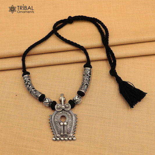 925 sterling silver chitai work natyam style black thread (dori) necklace traditional jewelry set784 - TRIBAL ORNAMENTS