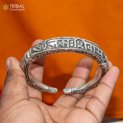 925 Sterling silver Chitai work "Om Namah Shivay" mantra bracelet kada jewelry by TRIBAL ORNAMENTS, featuring intricate silver design.