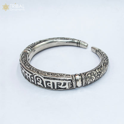 925 Sterling silver Chitai work Om Namah Shivay mantra bracelet kada jewelry by TRIBAL ORNAMENTS showing intricate silver design
