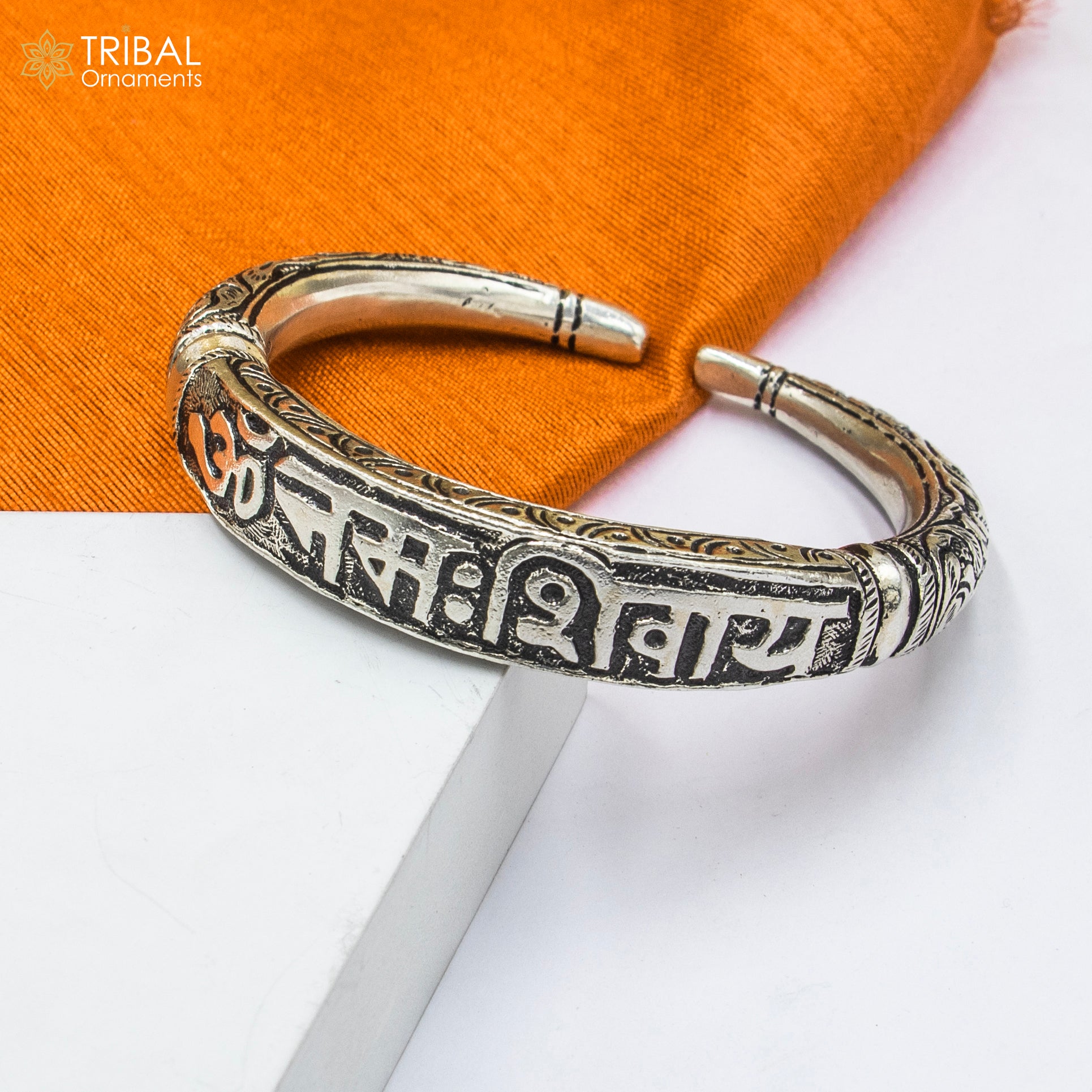 925 Sterling silver chitai work "om namah shivay" mantra bracelet kada jewelry nsk919 - TRIBAL ORNAMENTS