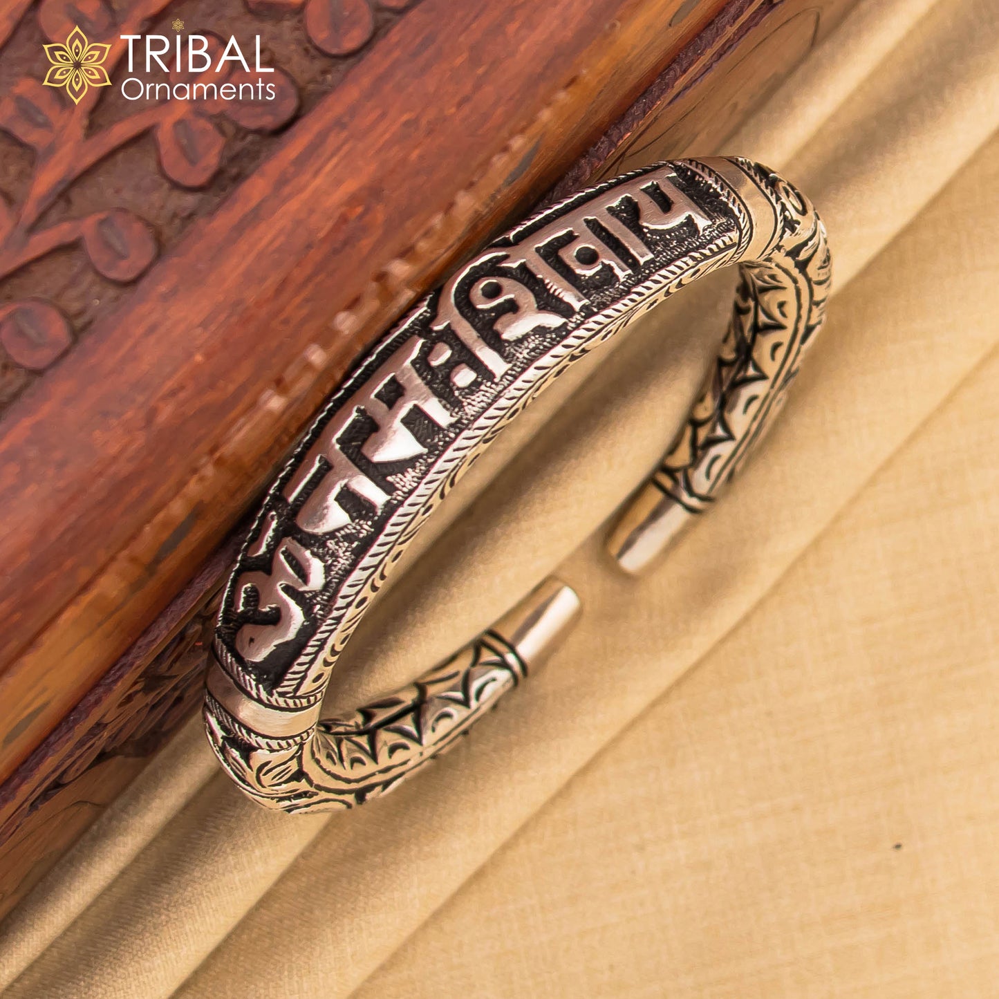 925 Sterling silver chitai work "om namah shivay" mantra bracelet kada jewelry nsk919 - TRIBAL ORNAMENTS