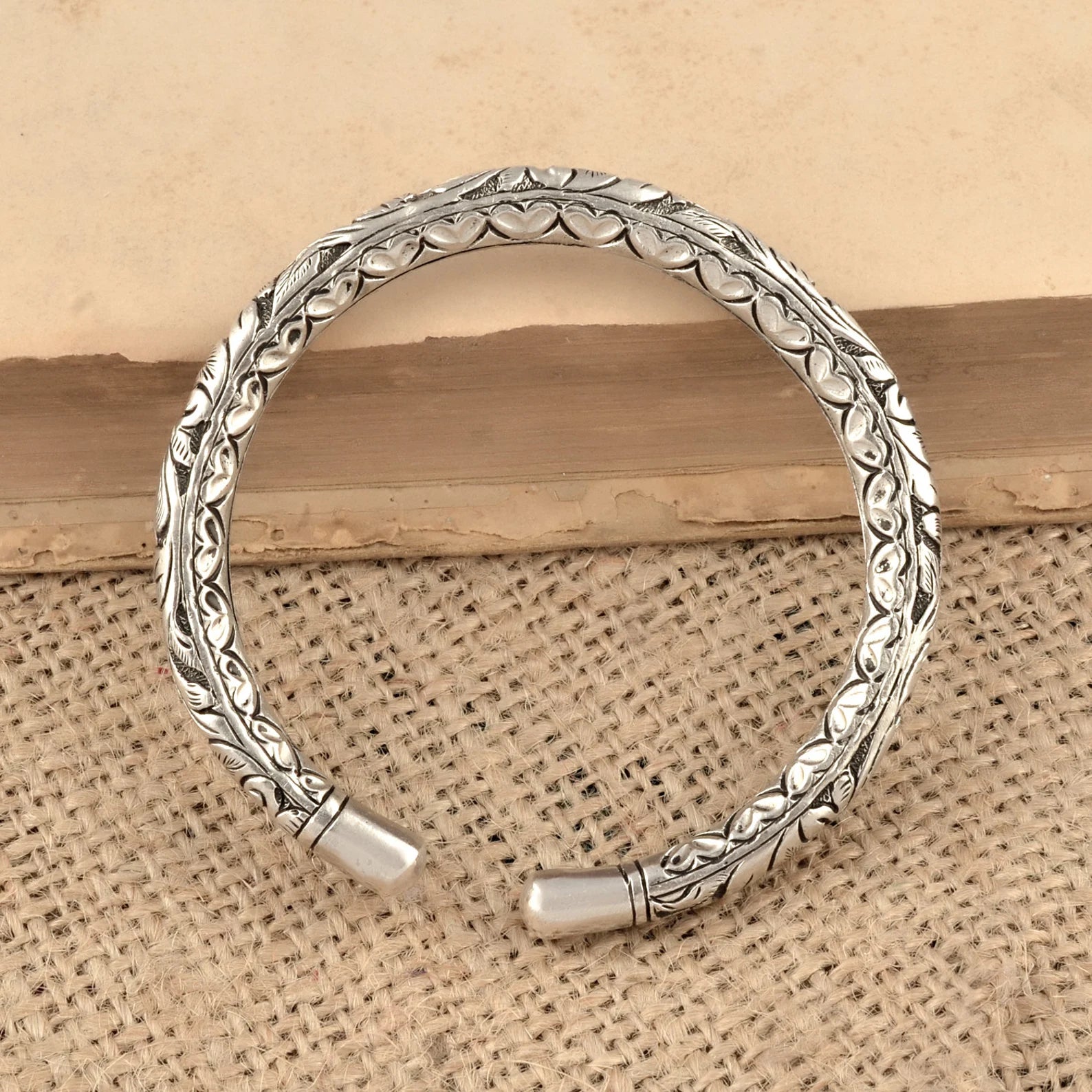 Sterling silver chitai work tribal bangle cuff bracelet with intricate engraved designs, ethnic tribal jewelry by TRIBAL ORNAMENTS