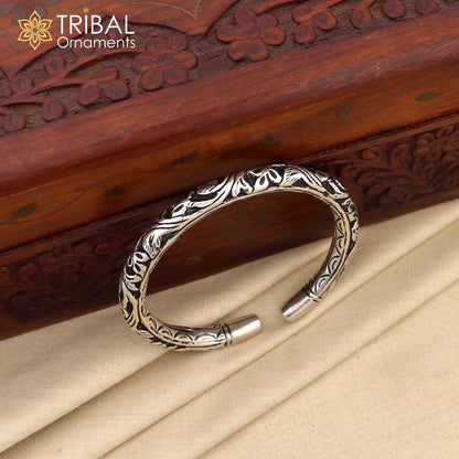 925 sterling silver chitai nakshi work unisex cuff bangle bracelet featuring intricate tribal design, handcrafted tribal jewelry.