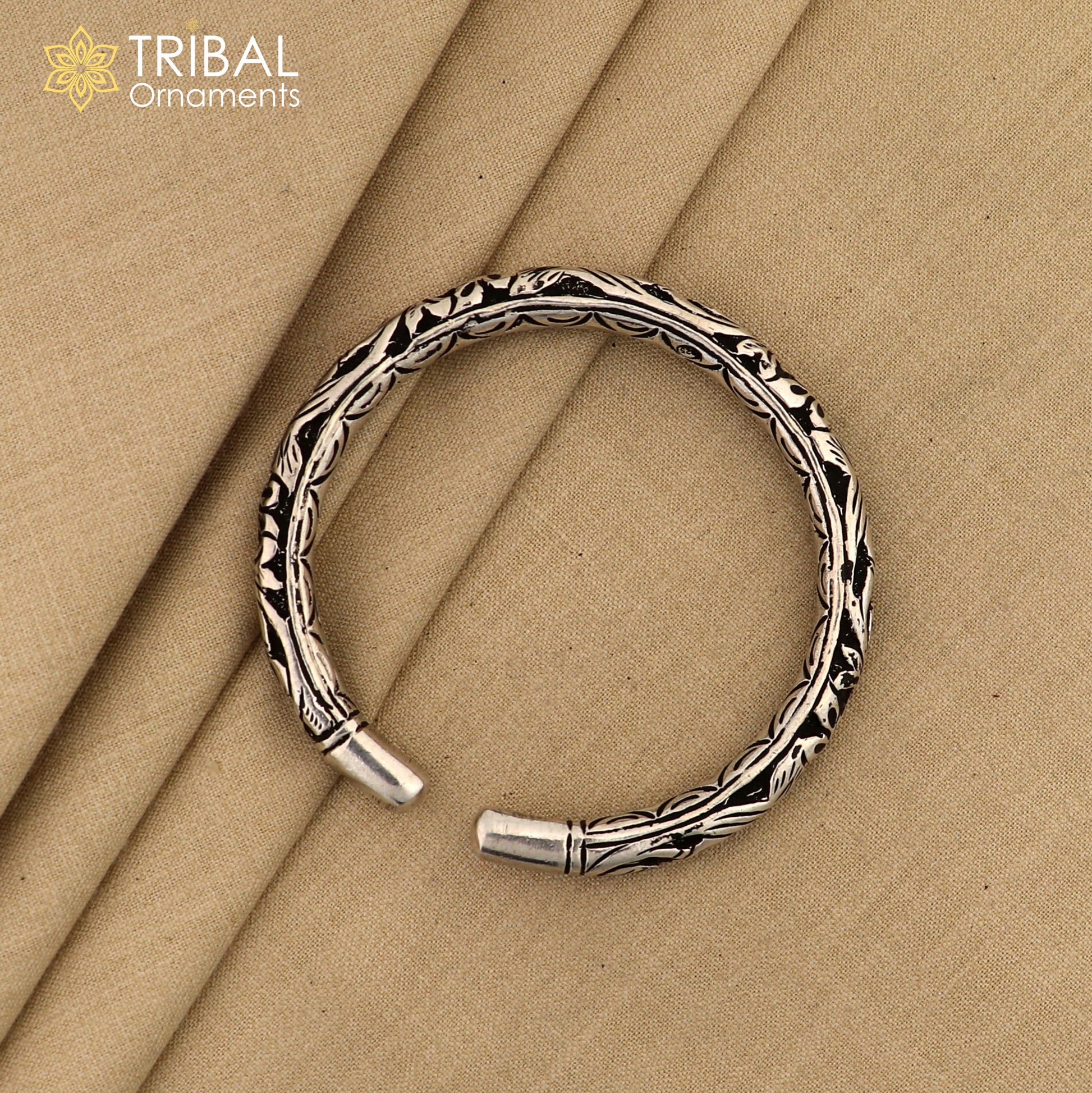 925 sterling silver chitai work tribal wrist bangle cuff bracelet with intricate ethnic design, crafted by TRIBAL ORNAMENTS.