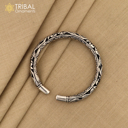 925 sterling silver chitai work tribal wrist bangle cuff bracelet with intricate ethnic design, crafted by TRIBAL ORNAMENTS.
