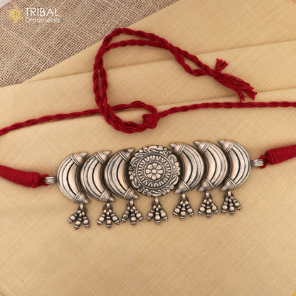 Sterling silver tribal choker necklace with flower design and ethnic charm, part of Tribal Ornaments jewelry set.